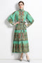 Autumn Retro Court Style, Lantern Sleeve, Belted, Ruffled Paisley Pattern Long Party, Festive Renaissance Dress - Mint